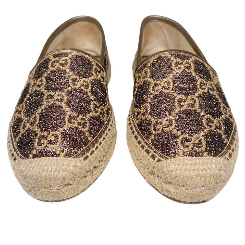 Gucci GG Logo Lamé Canvas Espadrilles Brown Bronze Metallic Logo Flats 37.5 - Picture 3 of 10